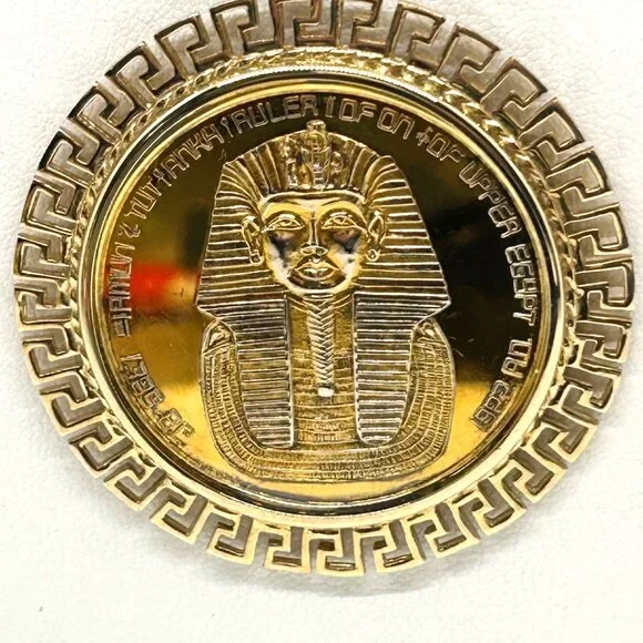 Tutankhamun Gold-tone Coin Pendant Necklace Egyptian Symbols & Greek Key Border - Picture 2 of 14